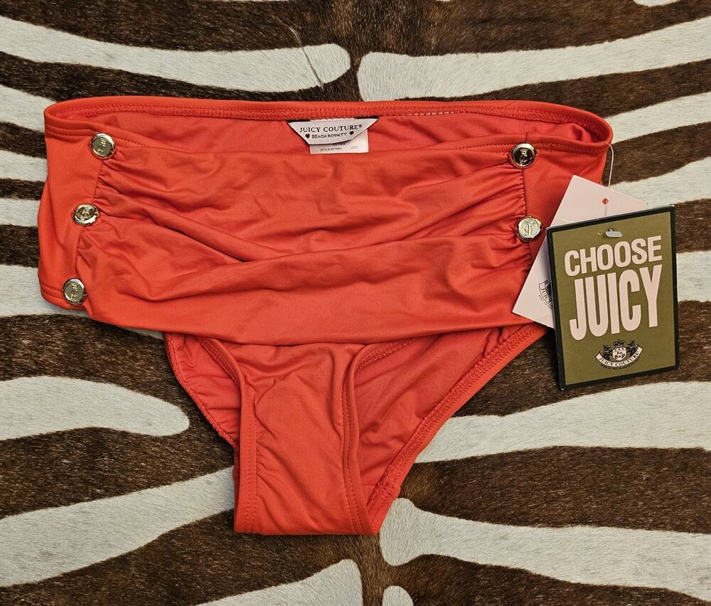 Juicy Couture Miss Divine Bikini Bottom Red Ruched Gold Hearts Size P/S